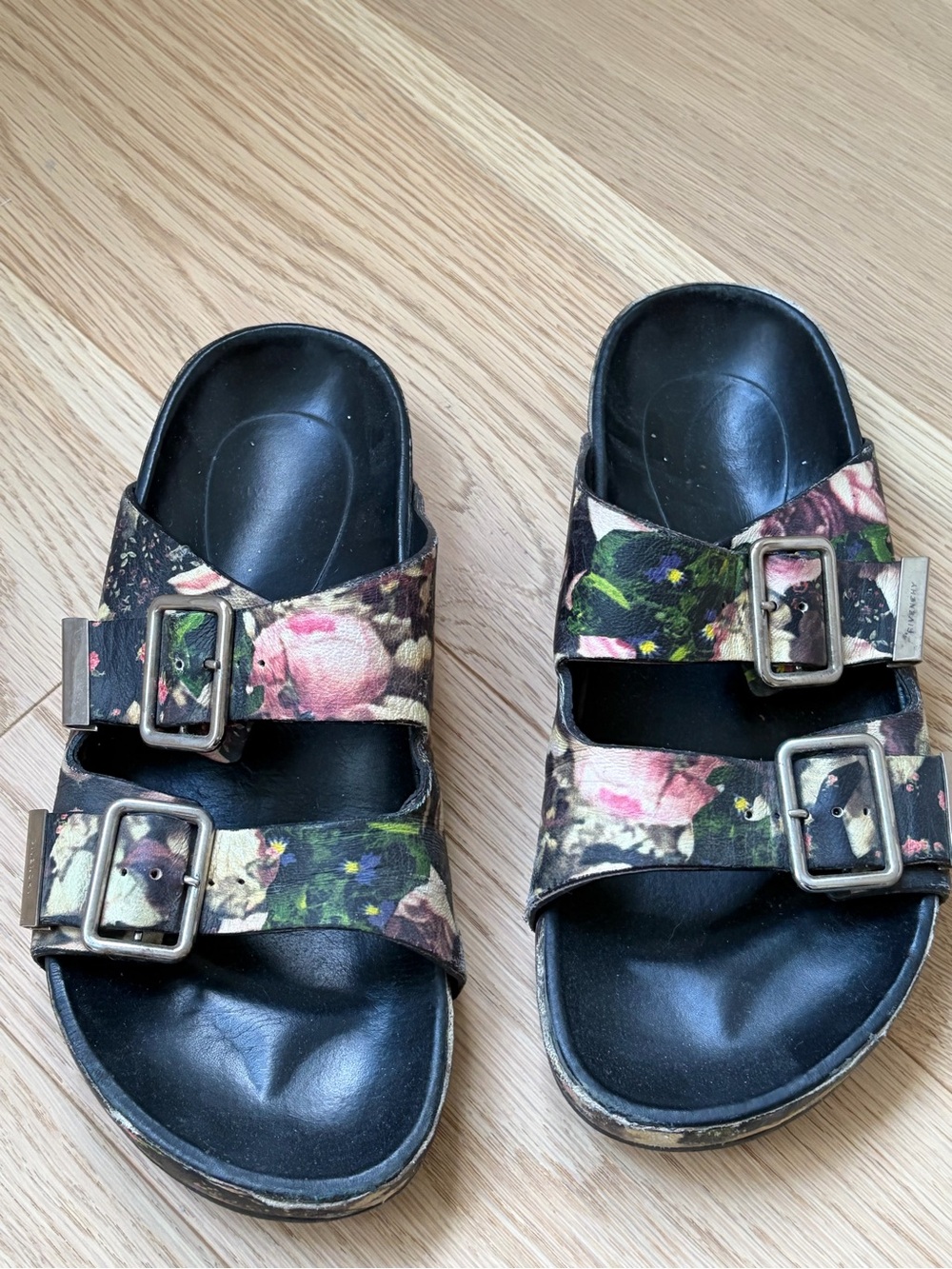 Givenchy Floral Buckle Slide Sandals in Black and Multicolor Floral